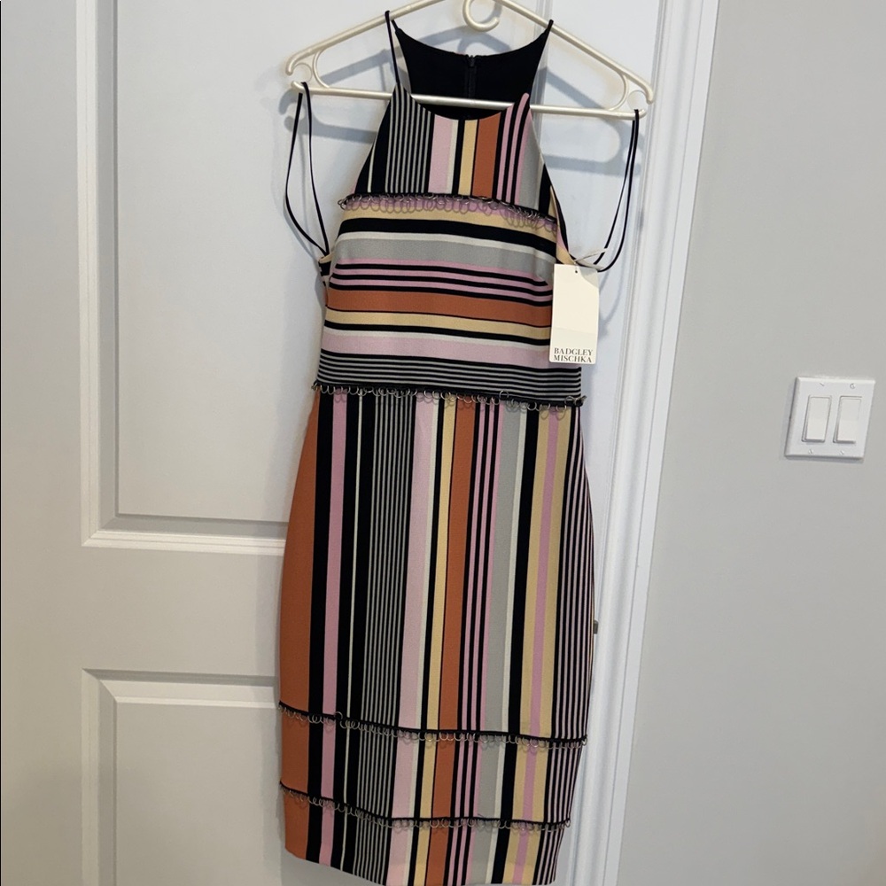 Badgley Mischka Striped Multicolor Midi Dress